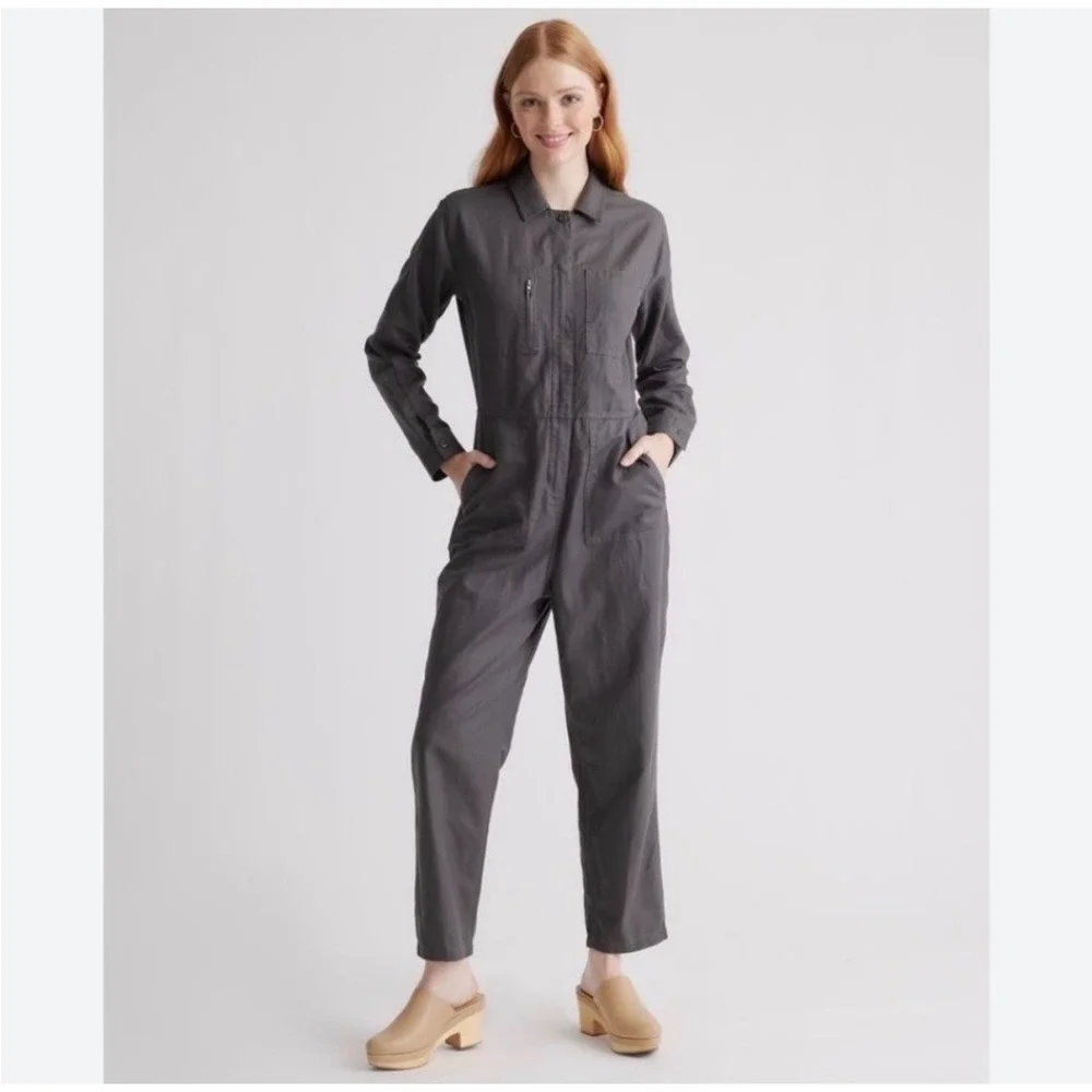 Quince Cotton Linen Twill Long Sleeve Coverall Jumpsuit Charcoal Grey XS